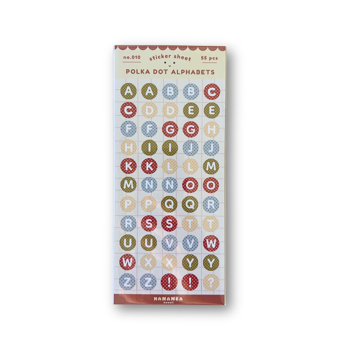 A package of Polka Dot Alphabets stickers, featuring 50 pieces of alphabet stickers in various muted colors on a white backing card.