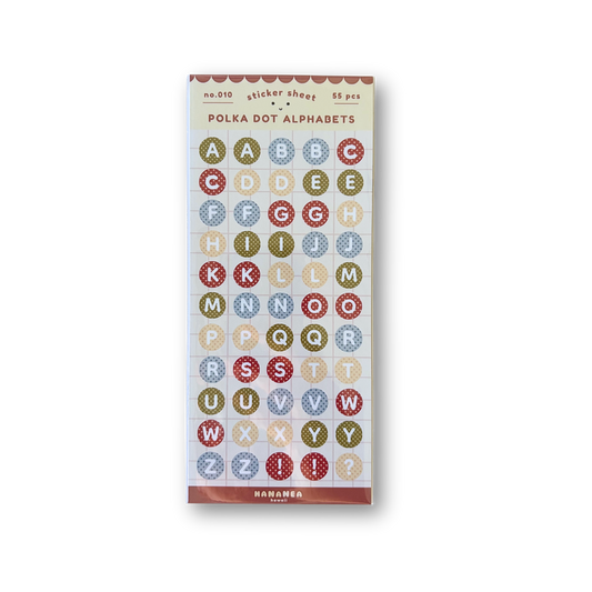A package of Polka Dot Alphabets stickers, featuring 50 pieces of alphabet stickers in various muted colors on a white backing card.