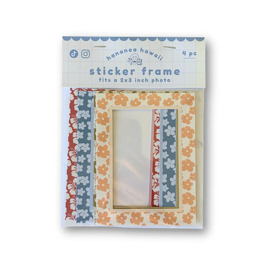 A package of four Hawaiian-themed sticker frames with floral patterns in orange, blue, and red, shown on a plain white background.