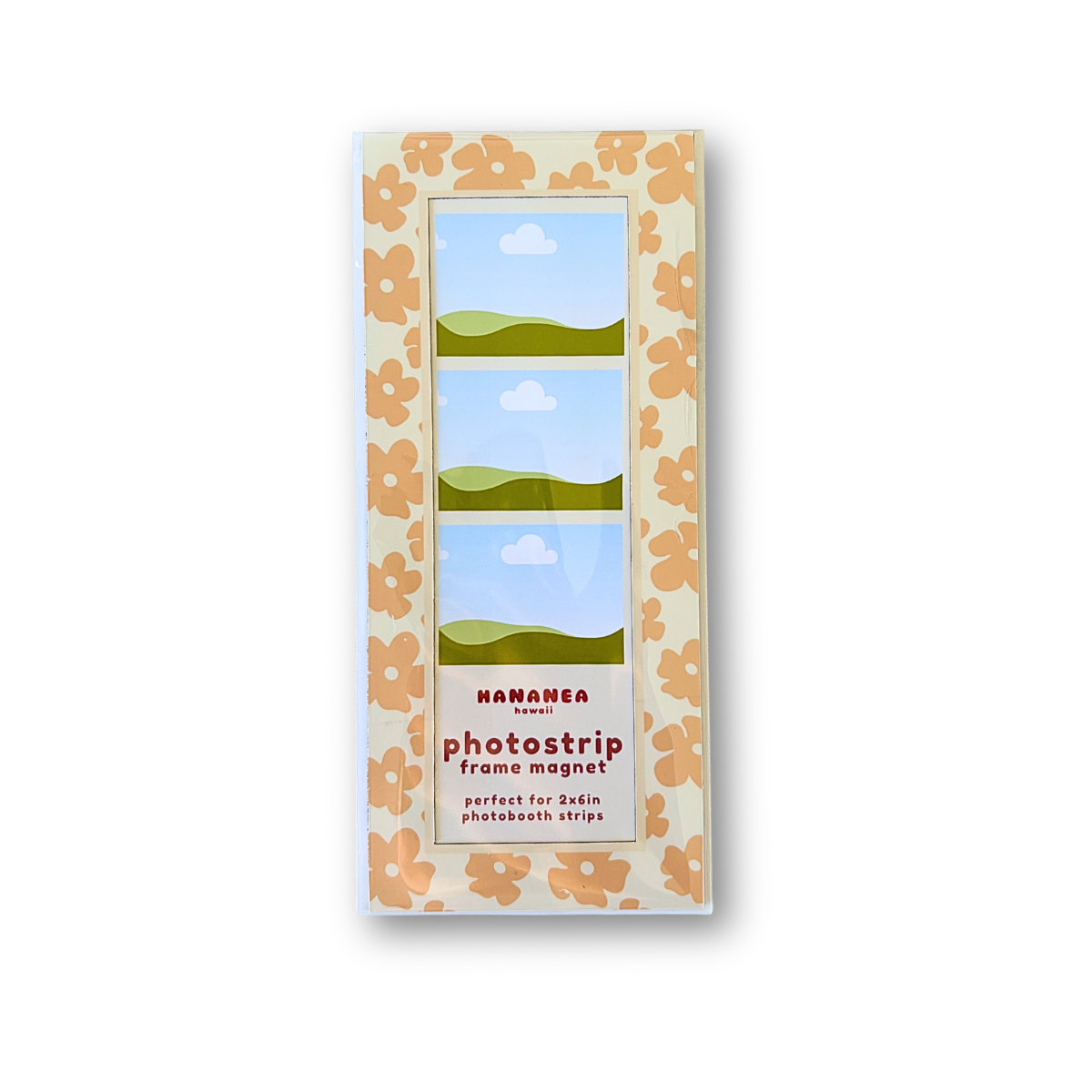 A packaged photo strip frame magnet by Namana, featuring a puakenikeni pattern.