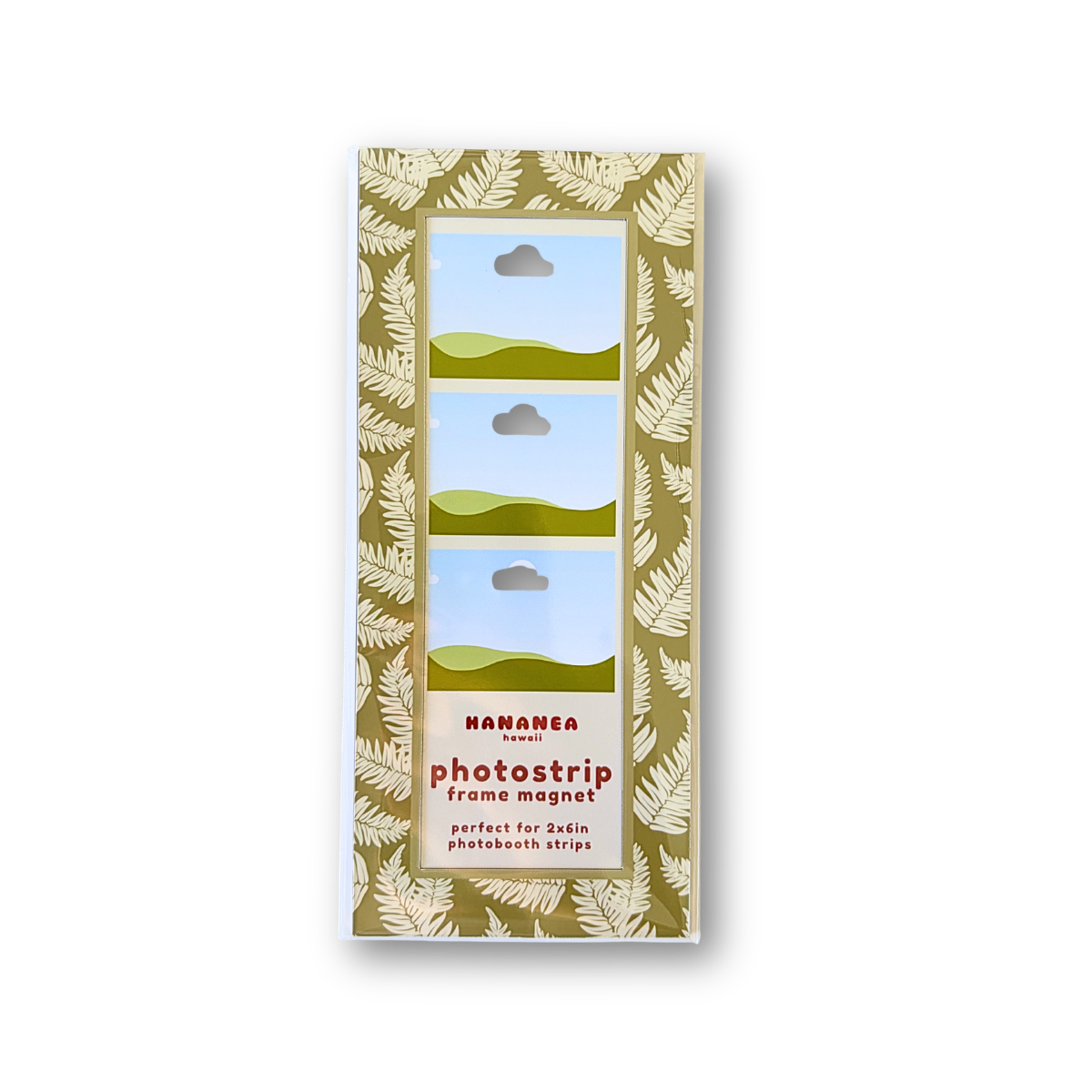 Photostrip frame magnet featuring a fern leaf pattern.