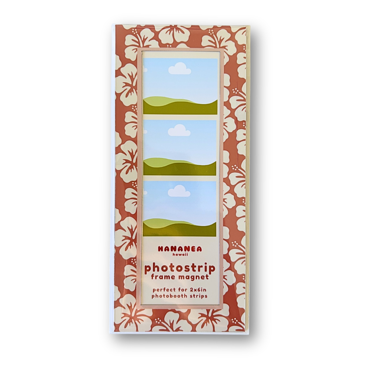 A packaged photo strip frame magnet featuring a tropical floral pattern border.