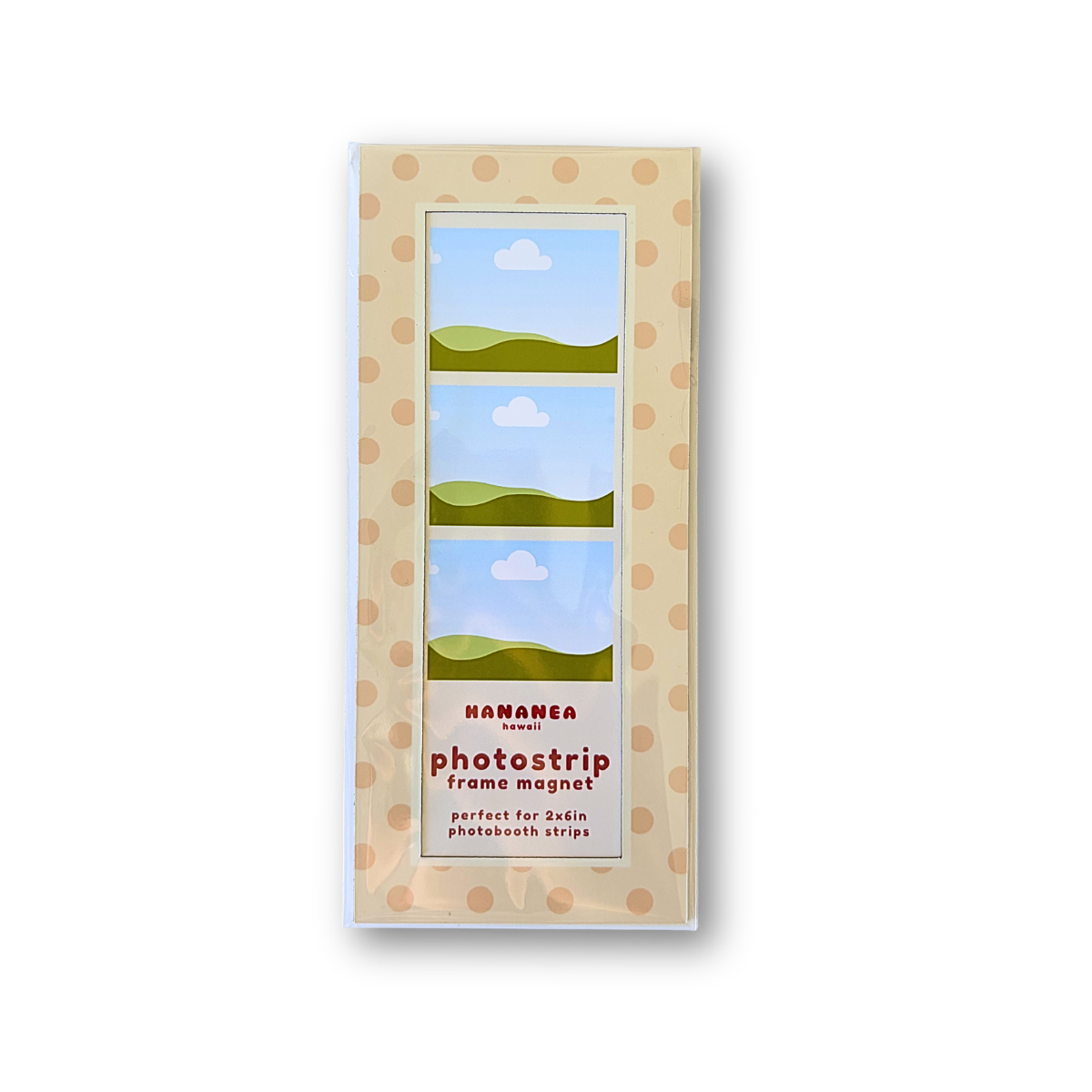 A packaged photo strip frame magnet featuring a beige polka-dot border.