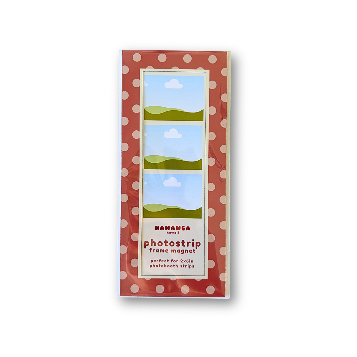 A packaged photostrip frame magnet, featuring a red and white polka dot border.