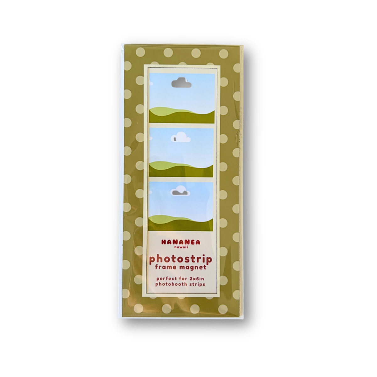 A packaged photo strip frame magnet featuring a green and white polka dot border.
