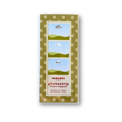 A packaged photo strip frame magnet featuring a green and white polka dot border.
