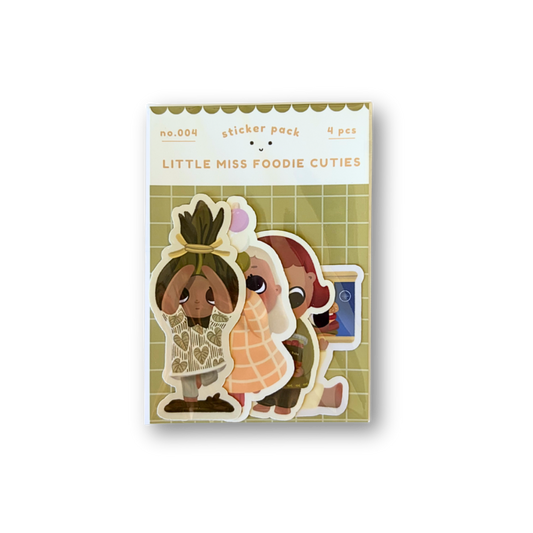A sticker pack featuring cute food-themed cartoon characters on a cream and olive-green grid background, with the text 'LITTLE MISS FOODIE CUTIES' and 'stickers pack 4 pcs' visible on the packaging.