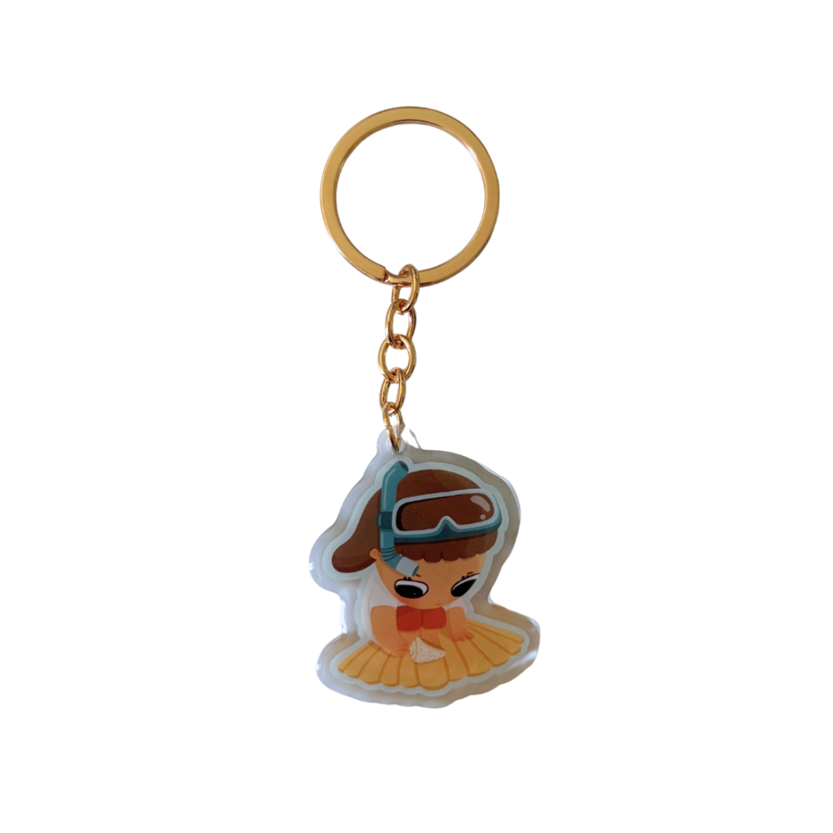 A cartoon-style keychain featuring a character attached to a gold-colored metal key ring and chain, set against a plain white background.