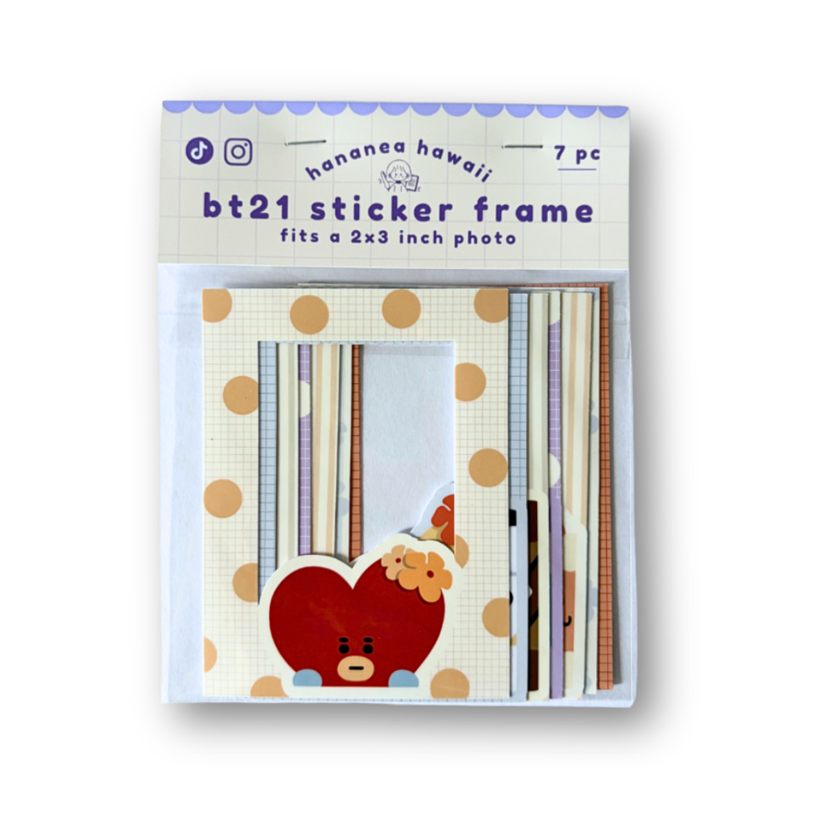 A packaged set of 7 patterned sticker frames from labeled 'bt21 sticker frame', shown on a plain white background.