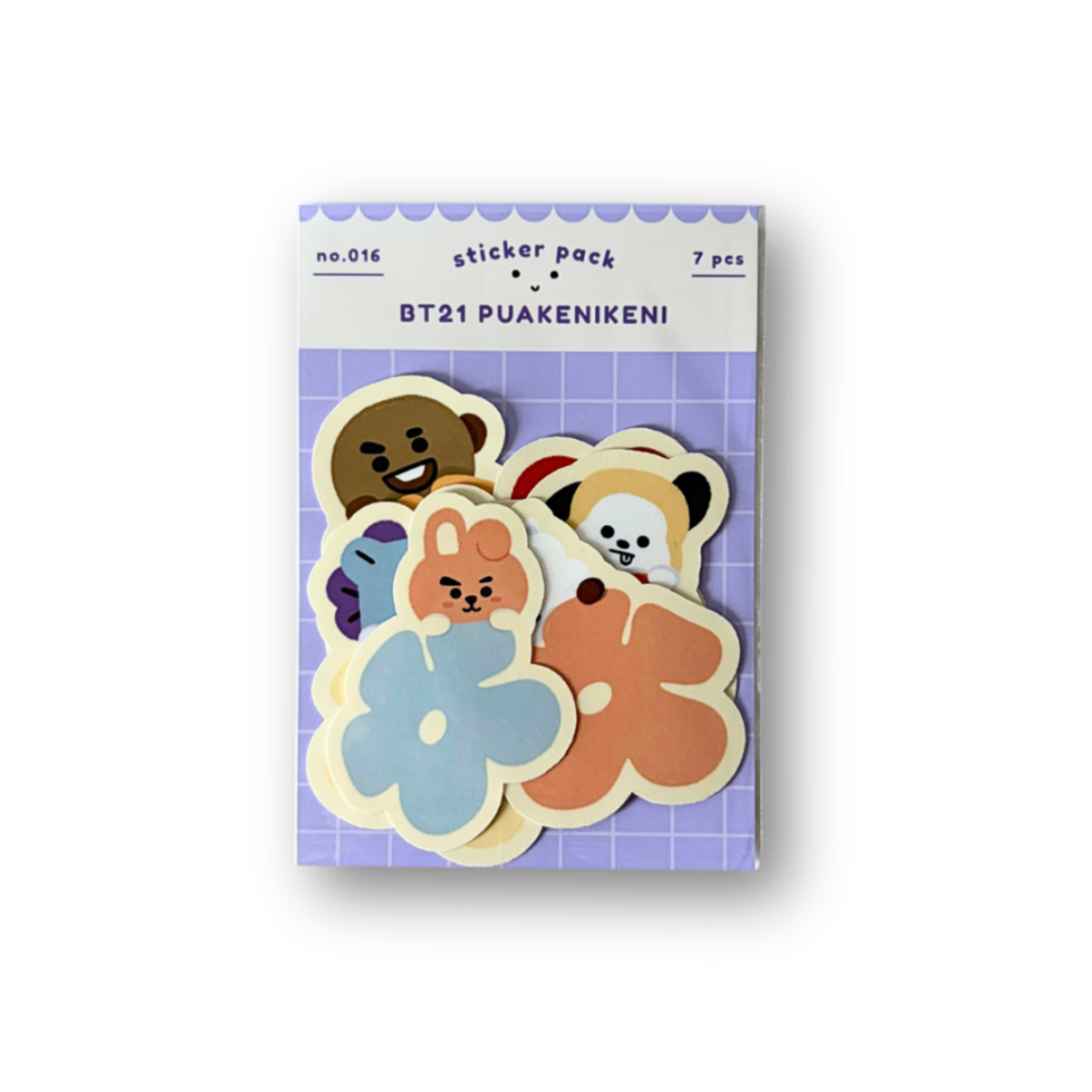 A package of BT21 'PUAKENIKENI' sticker pack containing 7 pieces of character stickers, displayed on a clean white background.