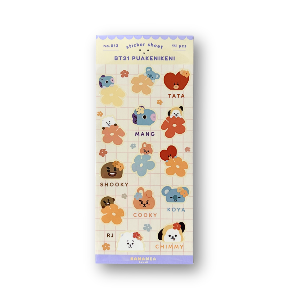 A package of a BT21 puakenikeni sticker sheet on a clean white background. The packaging features a grid of cute cartoon faces and flower-shaped stickers in various colors including orange, blue, red, and yellow.