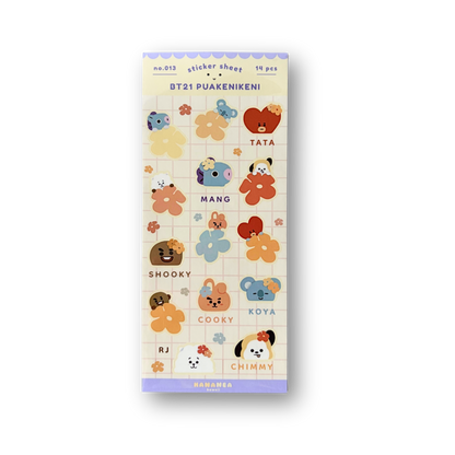 A package of a BT21 puakenikeni sticker sheet on a clean white background. The packaging features a grid of cute cartoon faces and flower-shaped stickers in various colors including orange, blue, red, and yellow.