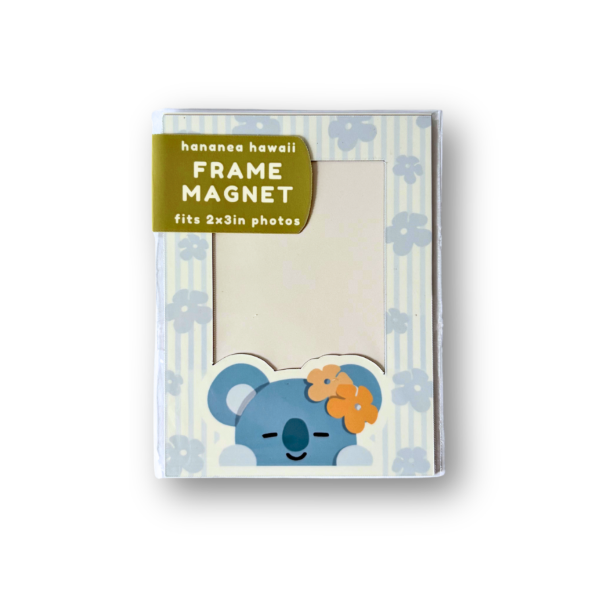 Frame magnet with a striped floral design and a blue koala character. 