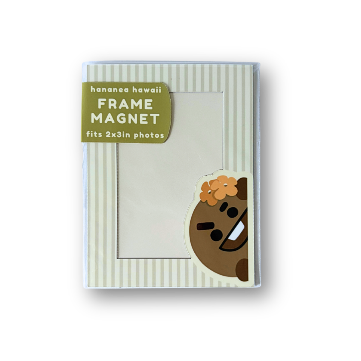 A frame magnet for picture frames, featuring a cartoon character peeking out from behind a striped cream frame, with a green label indicating it fits 2x3in photos.