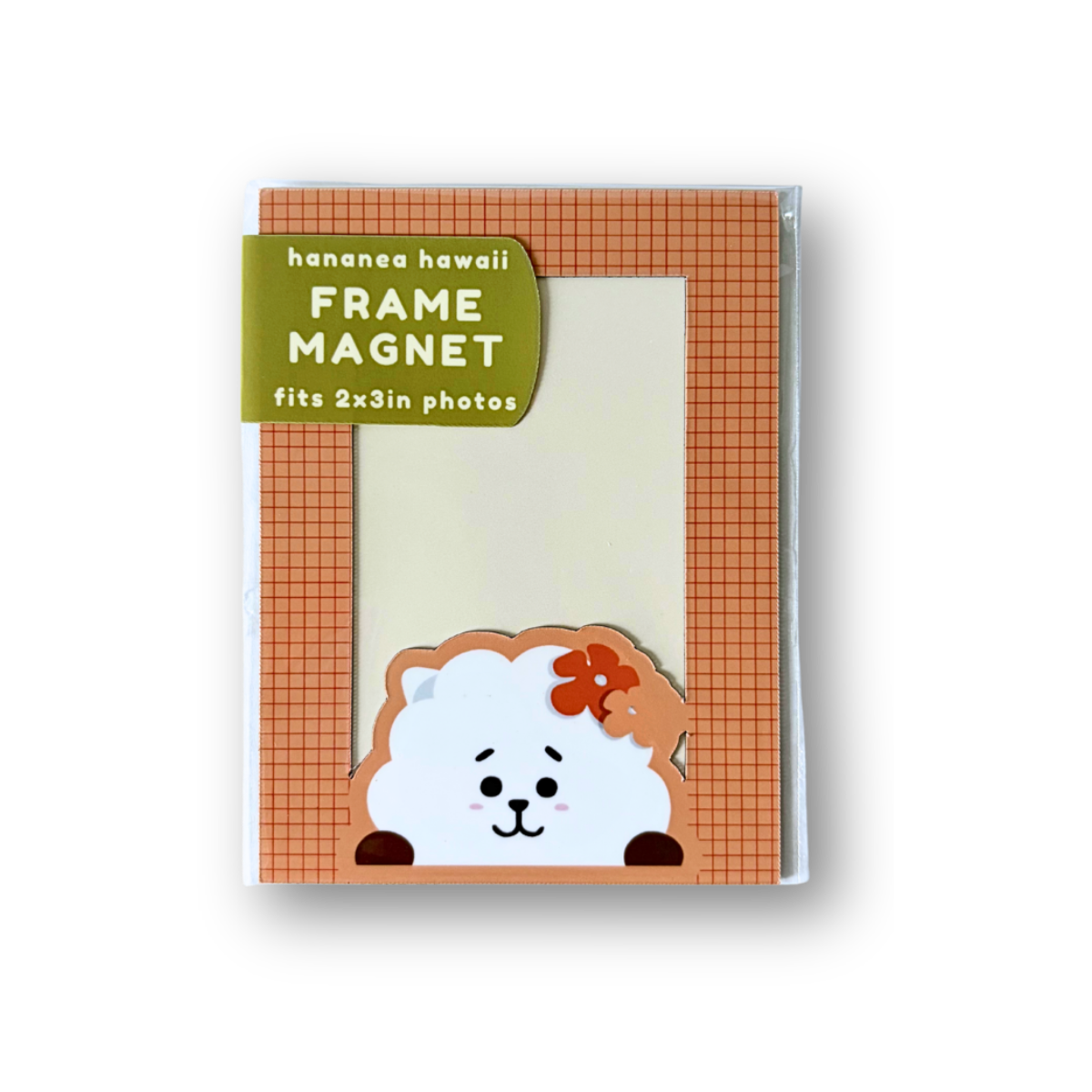 A rectangular photo frame magnet with a peach-orange gingham border and a cartoon bear peeking out at the bottom. 