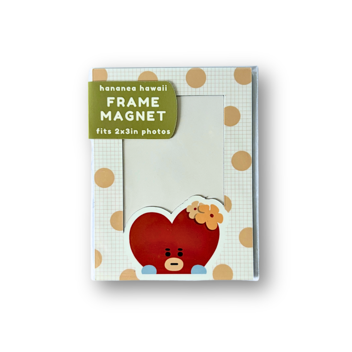 A packaged BT21 frame magnet, featuring a red heart-shaped character with a yellow flower on a white and tan polka dot background, shown on a clean white background.