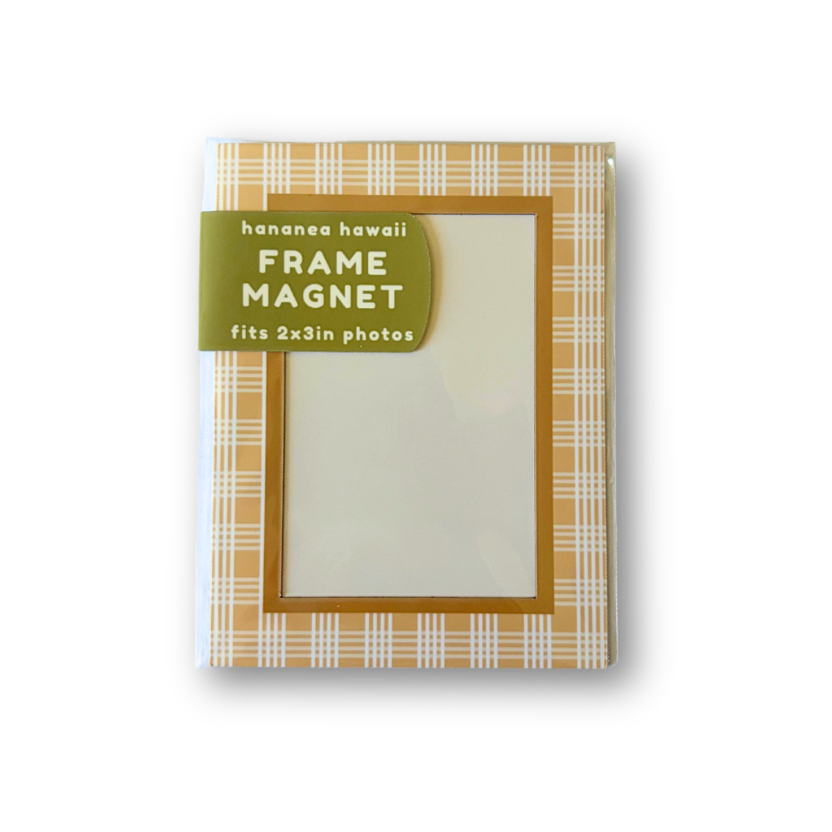 A packaged frame magnet featuring a yellow-orange palaka border.