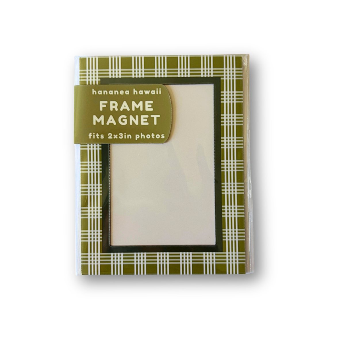 A packaged frame magnet by featuring an olive green and white palaka border with a central white insert area, shown on a clean white background.