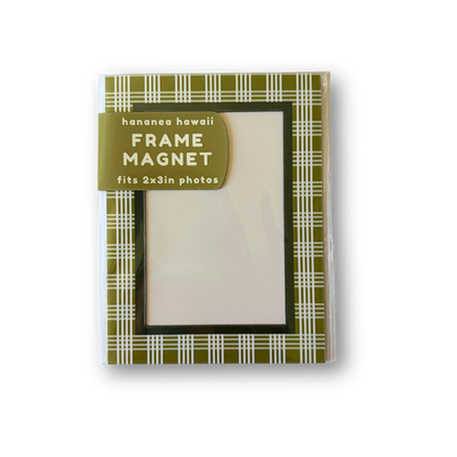 A packaged frame magnet by featuring an olive green and white palaka border with a central white insert area, shown on a clean white background.