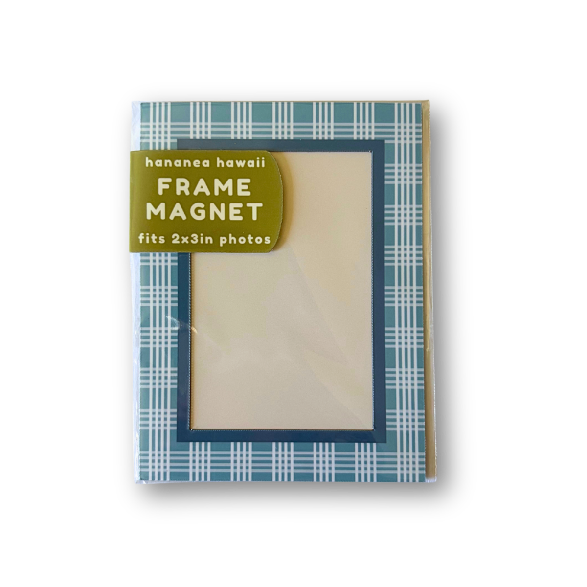 A packaged frame magnet product shown on a white background. The item has a blue and white palaka border.