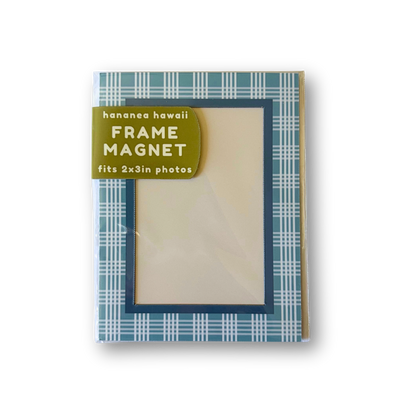 A packaged frame magnet product shown on a white background. The item has a blue and white palaka border.