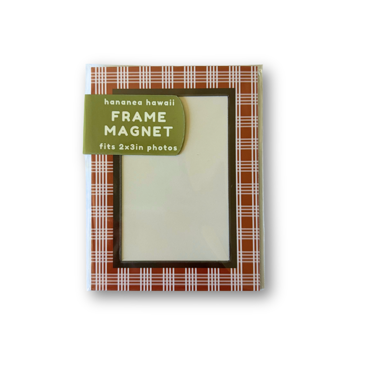 A frame magnet with a brown and red palaka border, shown in its retail packaging on a white background.