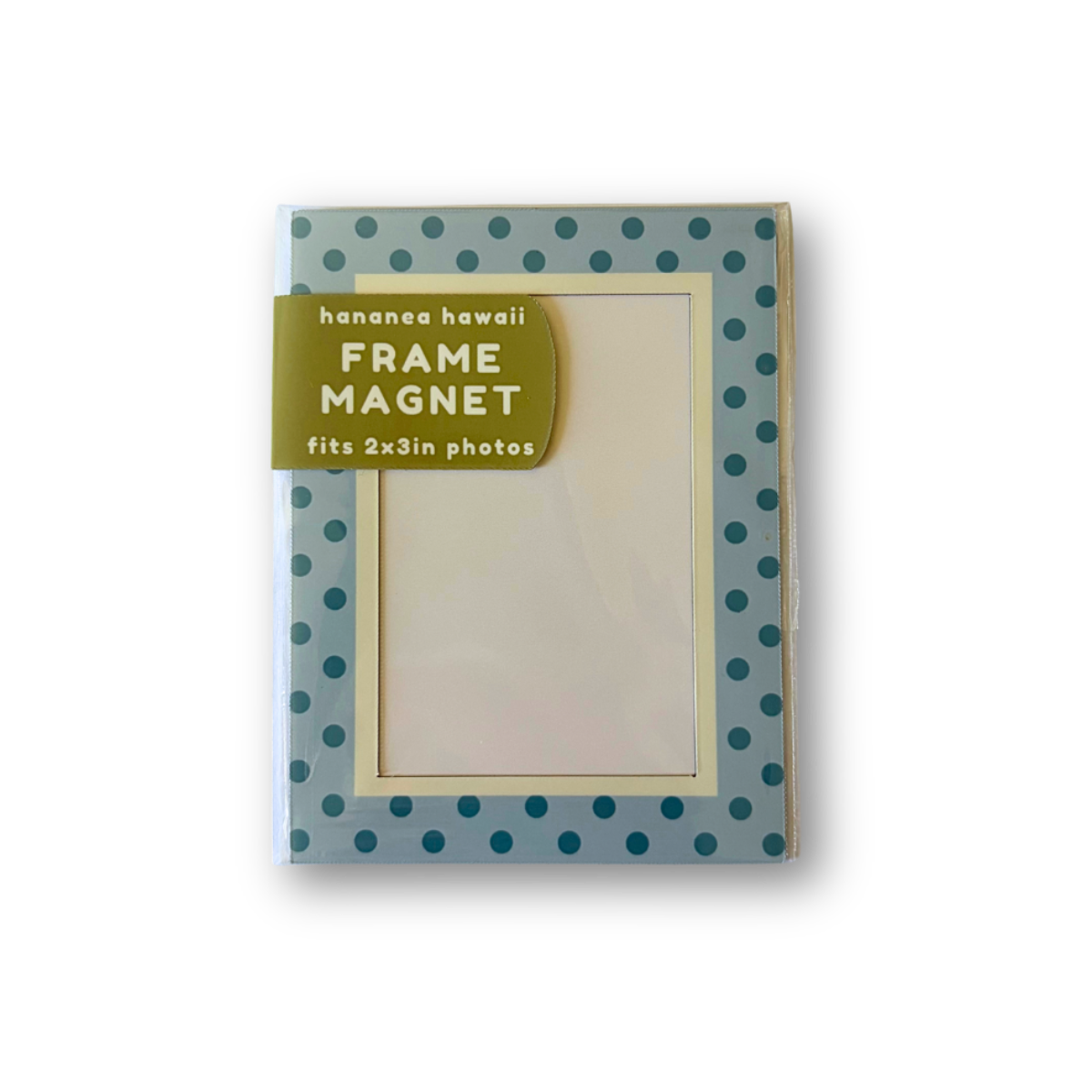 A packaged photo frame magnet with a light blue and teal polka dot border.