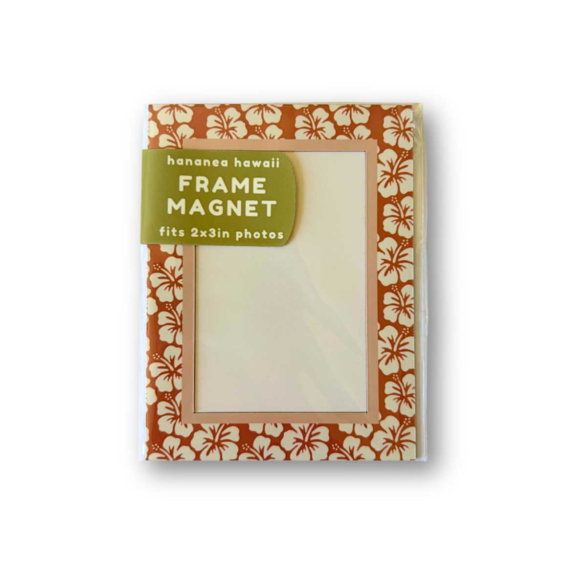 A rectangular frame magnet with a red hibiscus border.