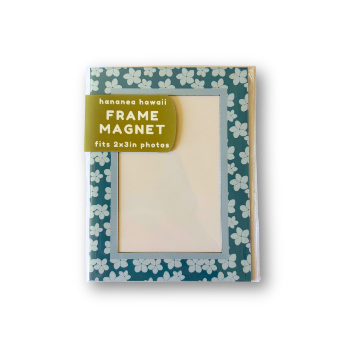 A frame magnet featuring a blue plumeria design.