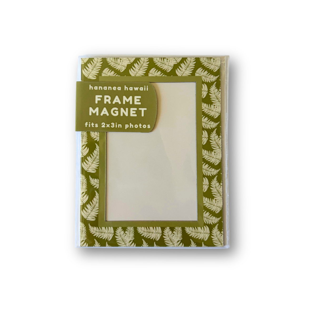 A packaged frame magnet featuring green fern border.
