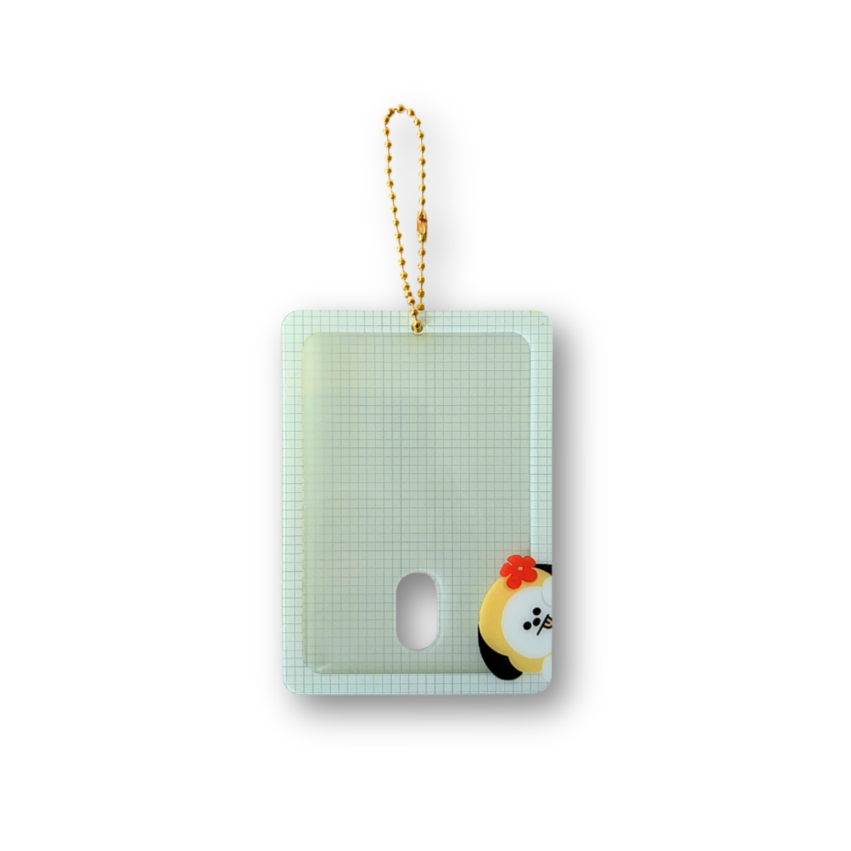 A rectangular translucent pale green card holder or phone case with a small oval cutout, a gold-and-white hanging loop, and a small cartoon character printed near the lower right corner, shown on a plain white background.