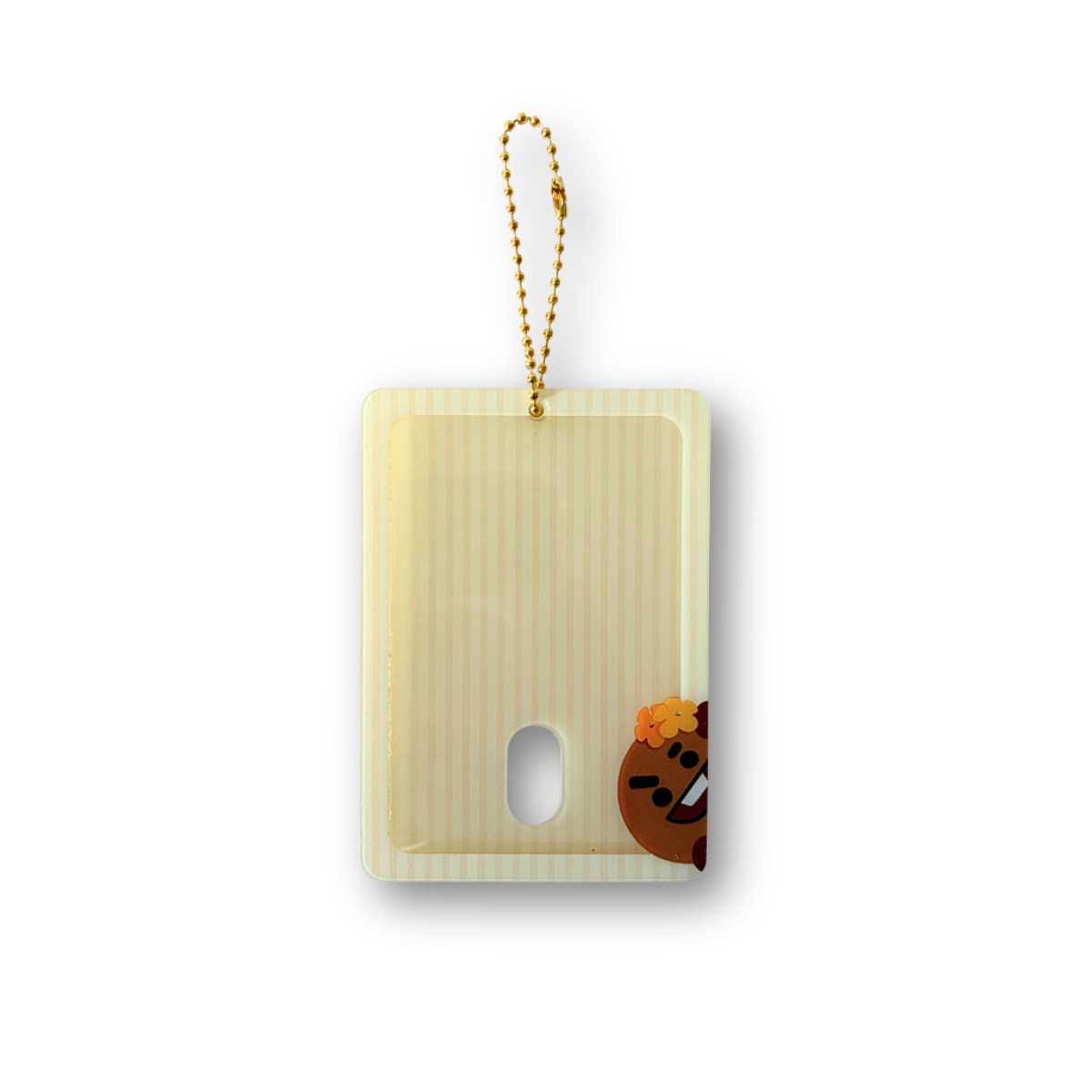 A pale yellow translucent rectangular card holder or phone case with a gold bead strap, featuring a small cartoon character printed near the bottom right corner.
