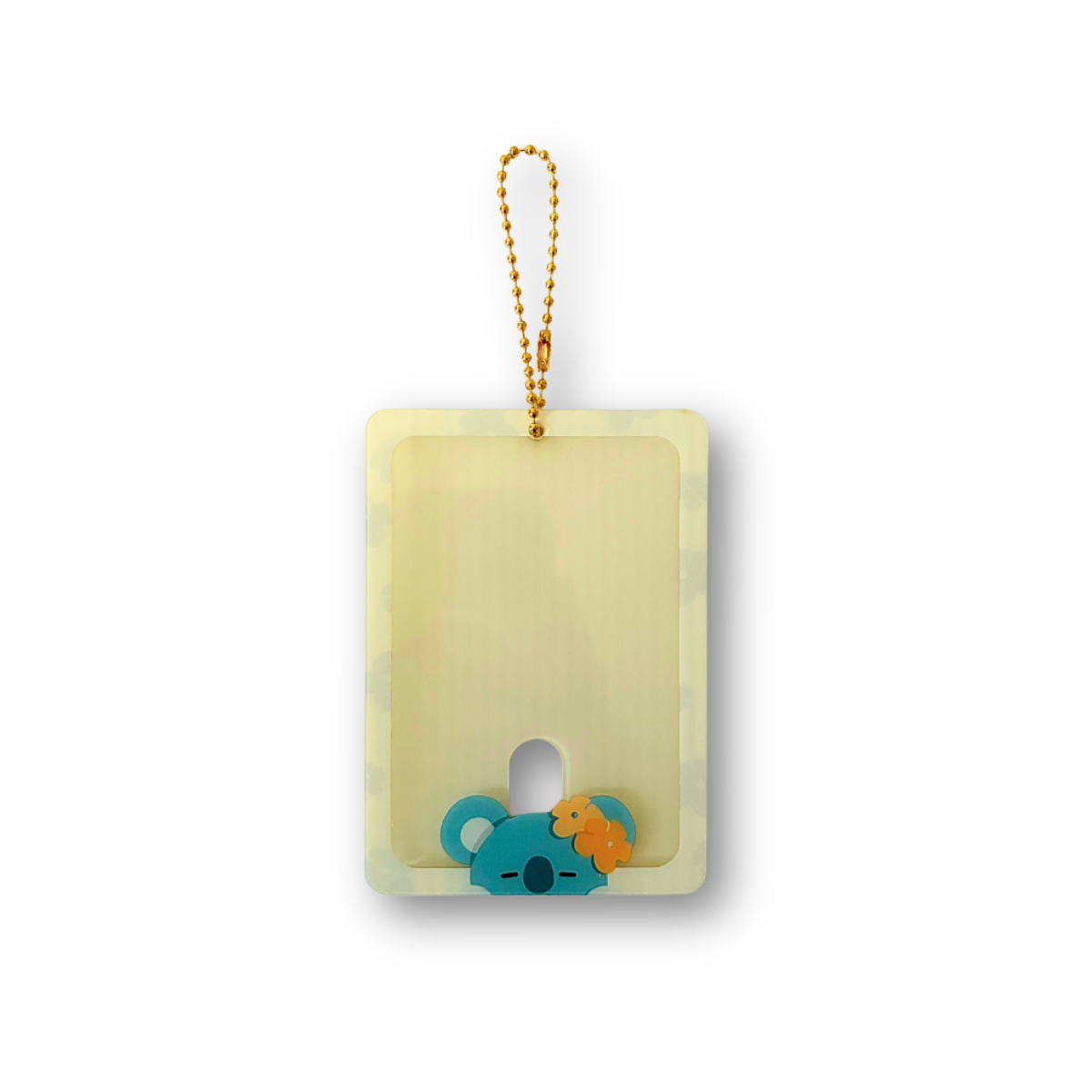 A rectangular translucent pale yellow acrylic card holder with a gold-tone hanging loop and a small koala-shaped ornament at the bottom, shown on a plain white background.