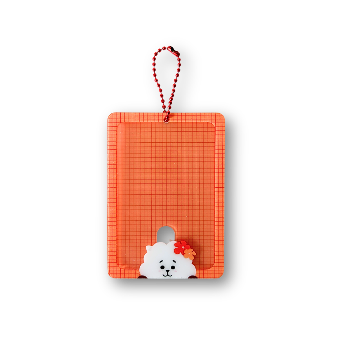 An orange rectangular plastic card holder or pouch with a red hanging loop, featuring a small white cartoon dog character with a red bow at the bottom, shown on a plain white background.