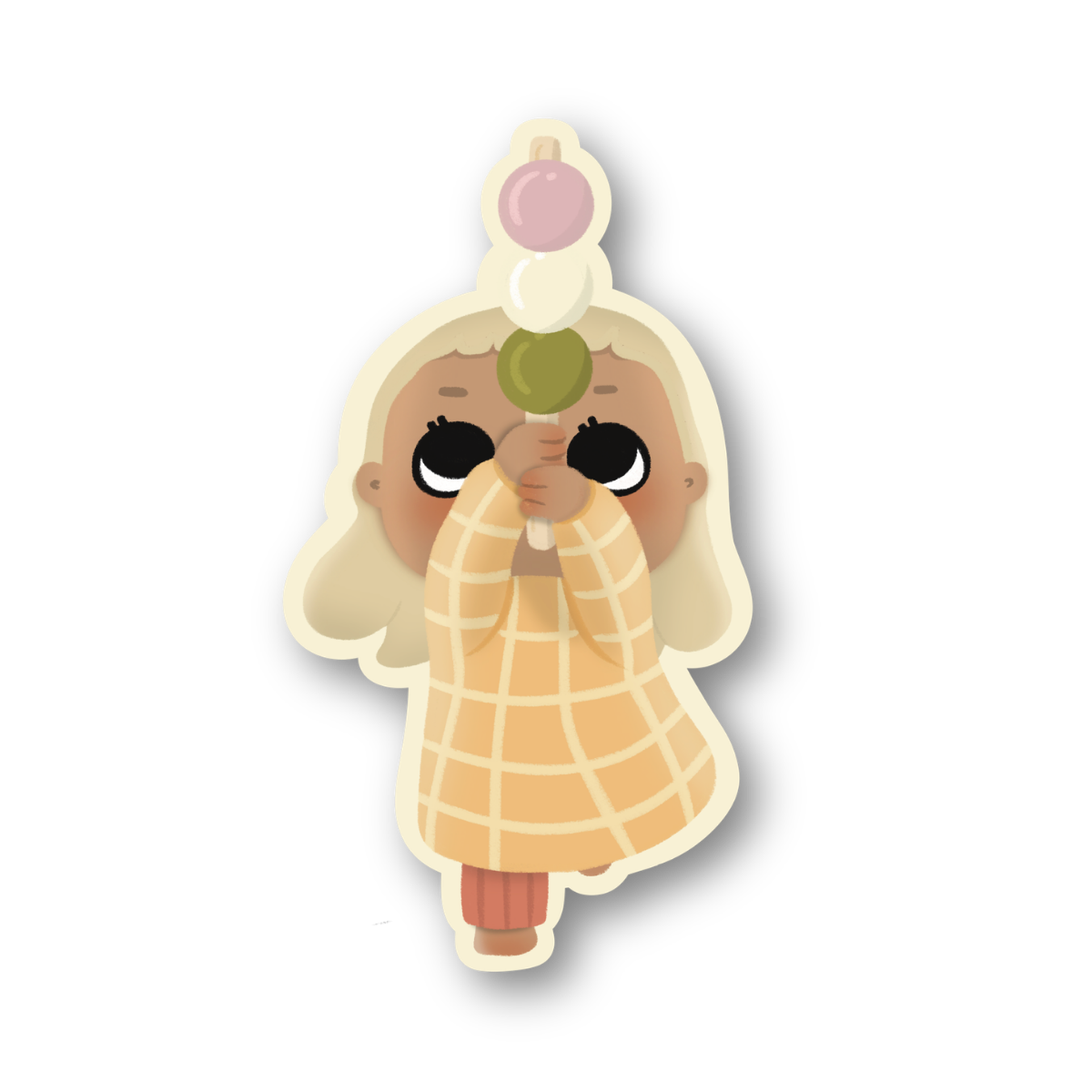Illustration of a character with a checkered dress and headpiece on a white background