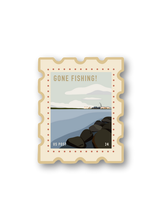 Gone Fishing Postage Stamp Sticker