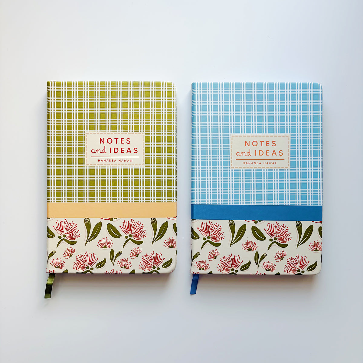 Two hardcover notebooks with floral and plaid covers, labeled 'NOTES and IDEAS'.