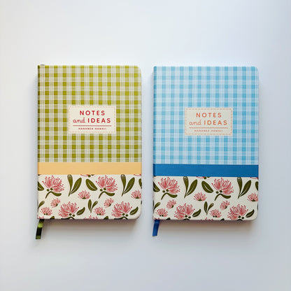 Two hardcover notebooks with floral and plaid covers, labeled 'NOTES and IDEAS'.