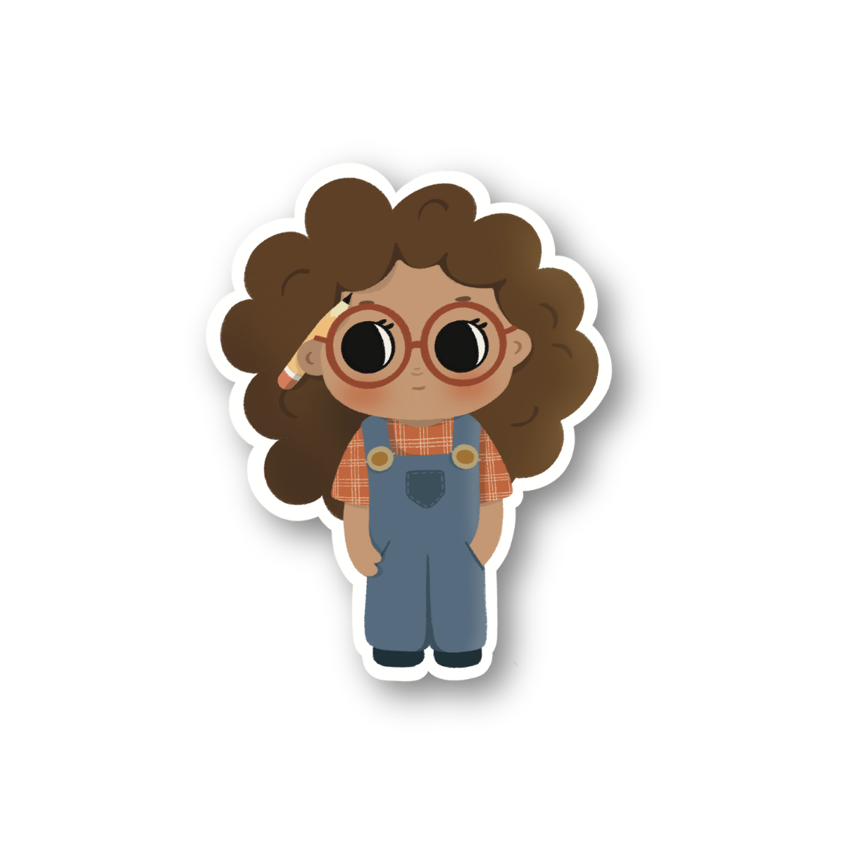 Cartoon character with glasses and overalls on a white background