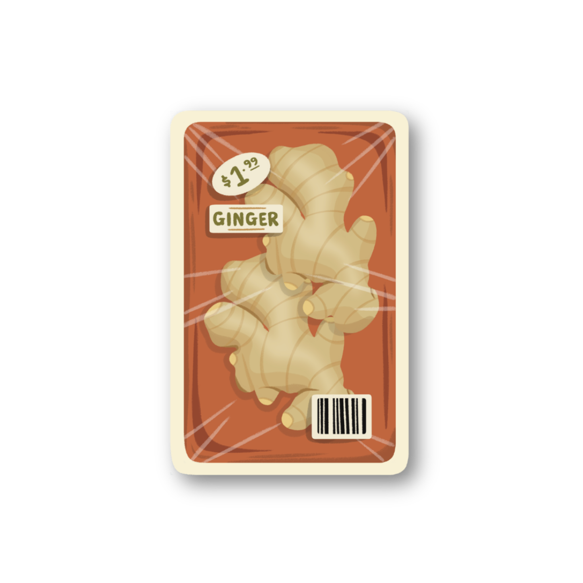 Packaged ginger root with a label on a white background