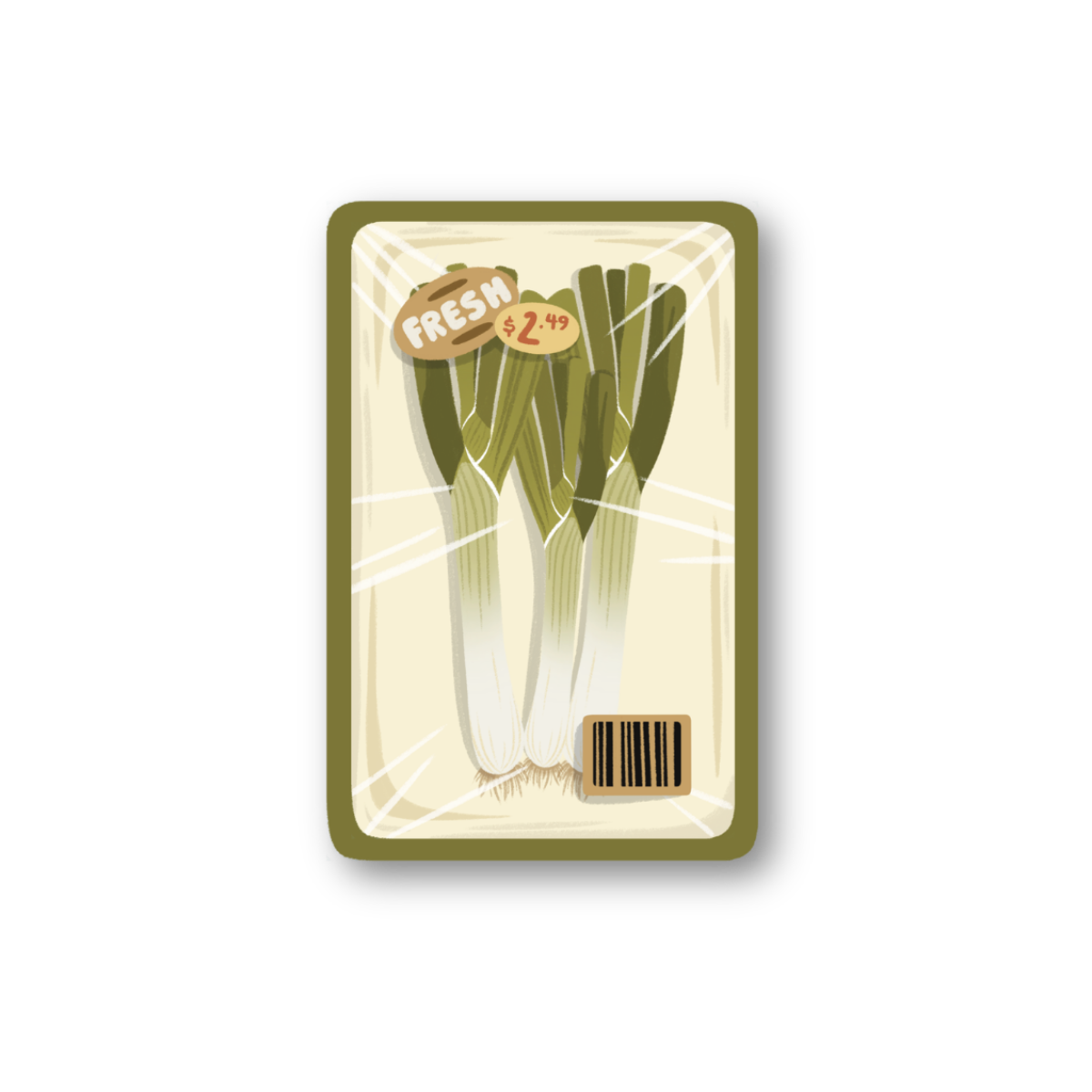 Packaged leeks with a green border on a white background