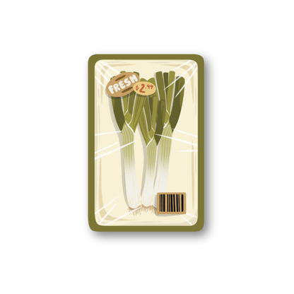 Packaged leeks with a green border on a white background
