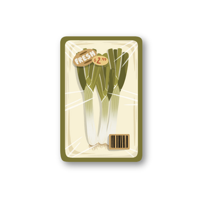 Packaged leeks with a green border on a white background
