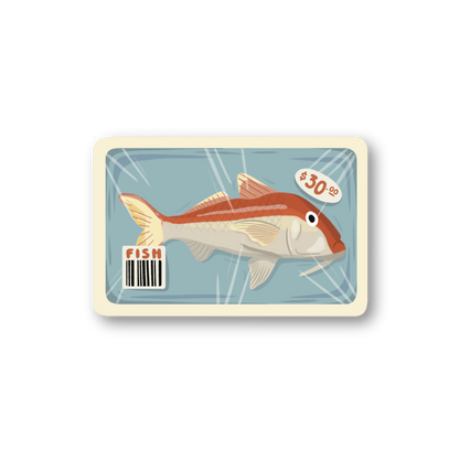 Sticker with a fish illustration and price tag on a white background