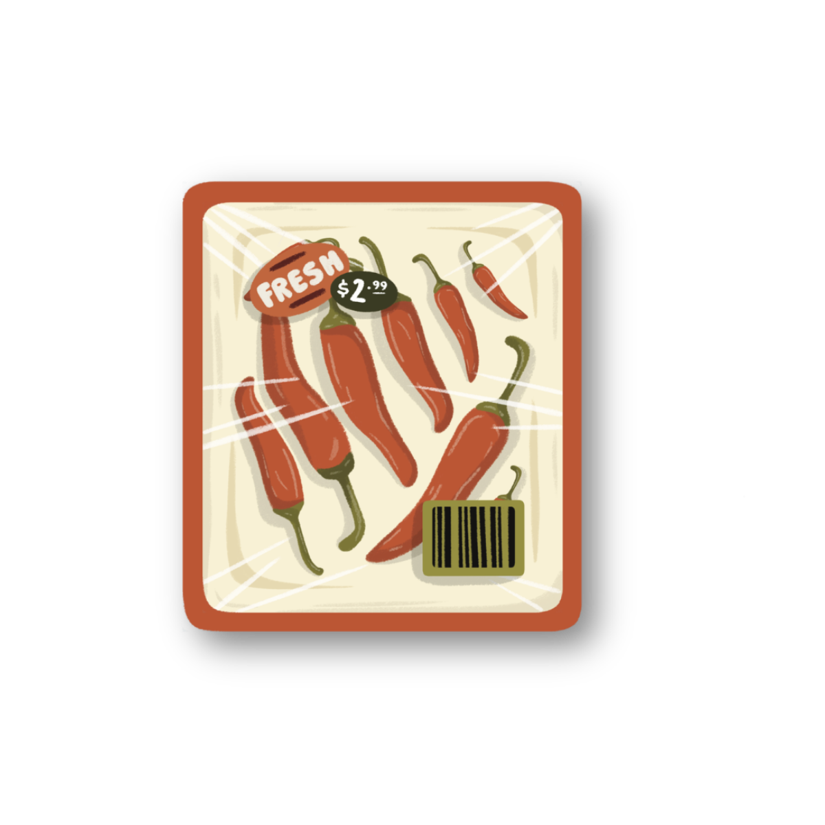 Decorative sticker with red chili peppers and 'Fresh' text on a white background