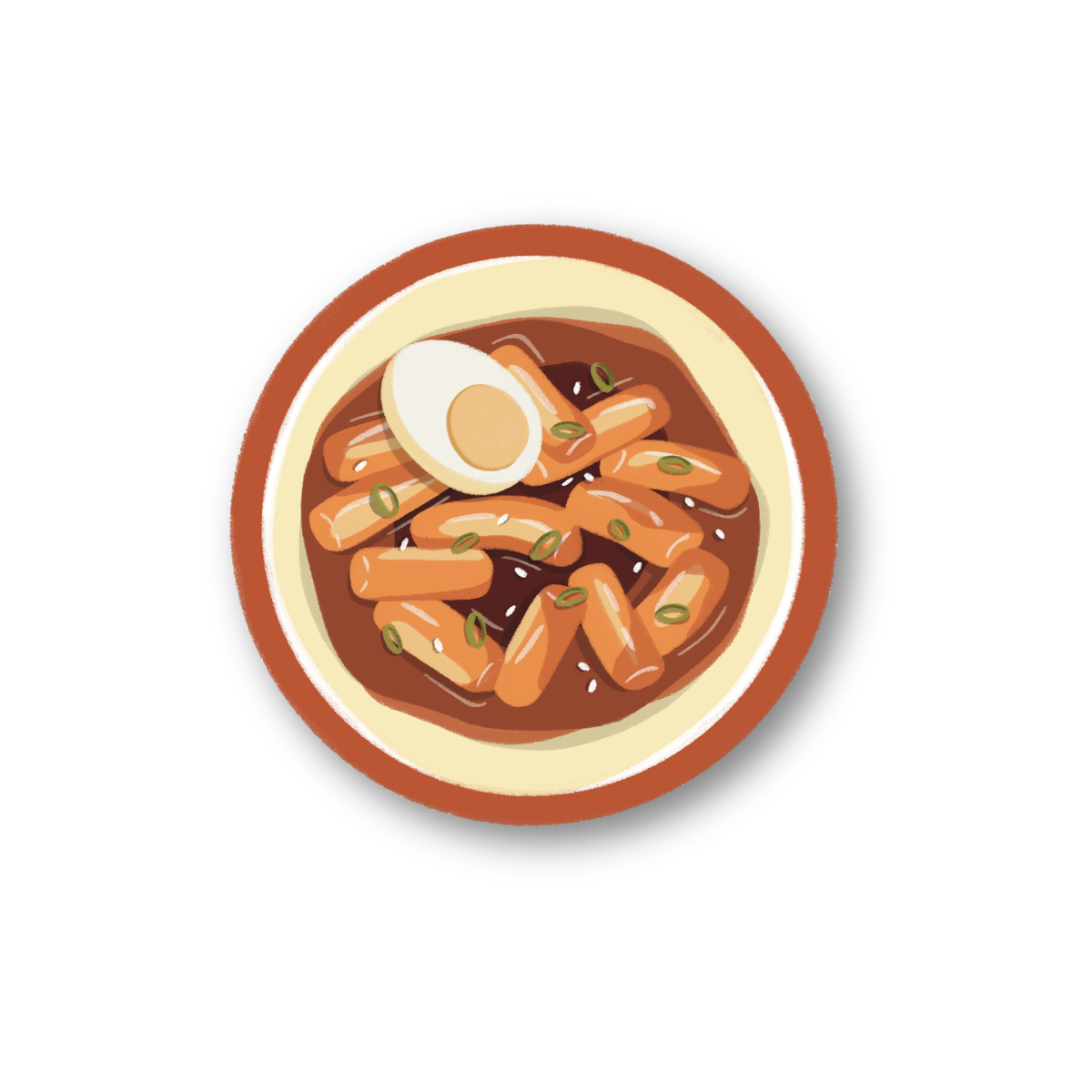Illustration of a bowl of tteokbokki with an egg on a white background