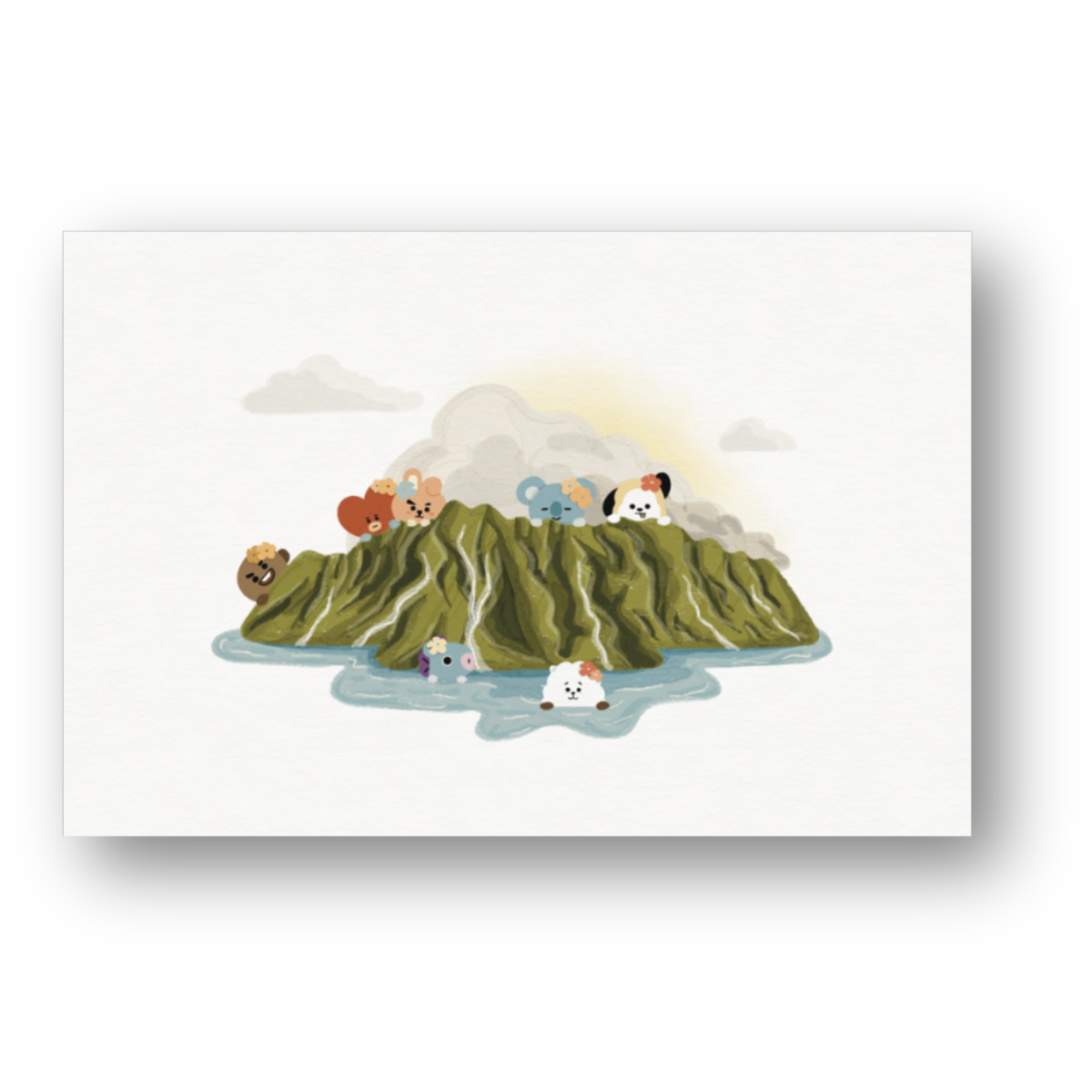 A square art print featuring a whimsical illustration of a green island with small cartoon animals and clouds, displayed on a clean white background with a soft drop shadow.