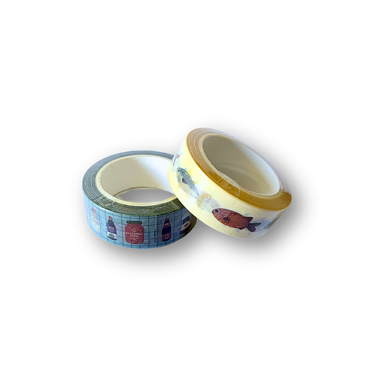 Blue roll of washi tape with yellow roll of washi tape stacked on top.