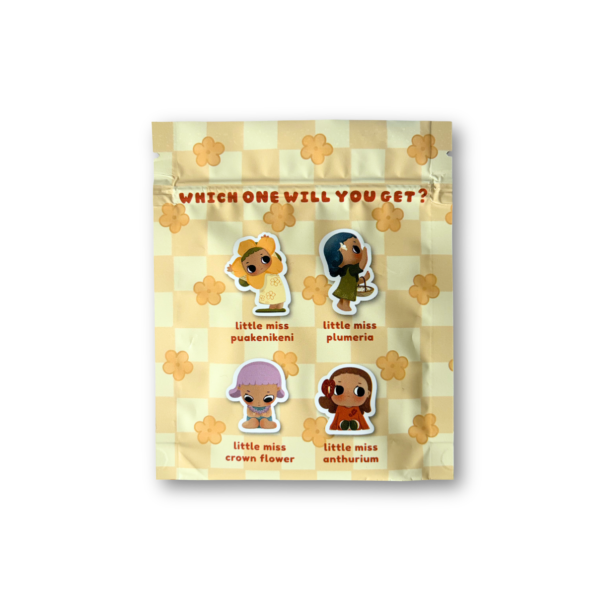 Card with cartoon characters and text on a checkered background
