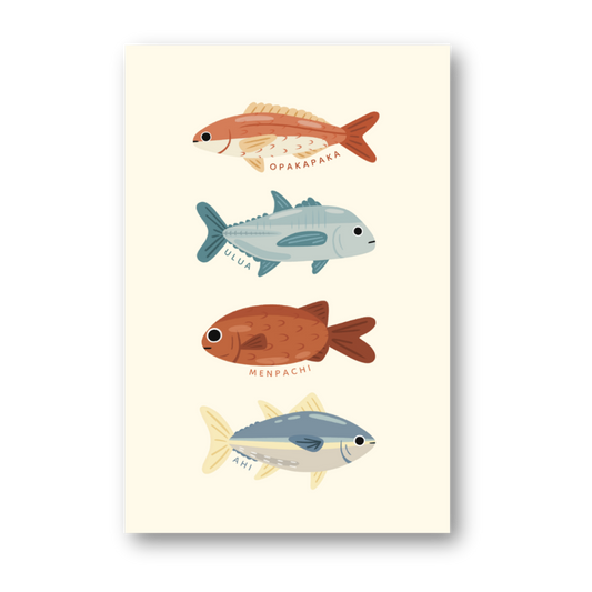 Illustrations of four different fish on a beige background